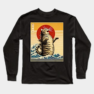 Catzilla Funny Cat Vintage Japanese Art Cat Owner Cat Lover Long Sleeve T-Shirt